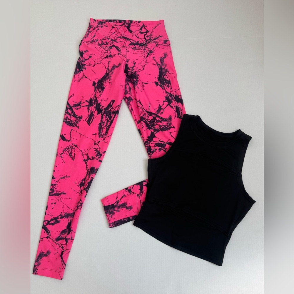 Pink Marble Leggings and Black Tank Set